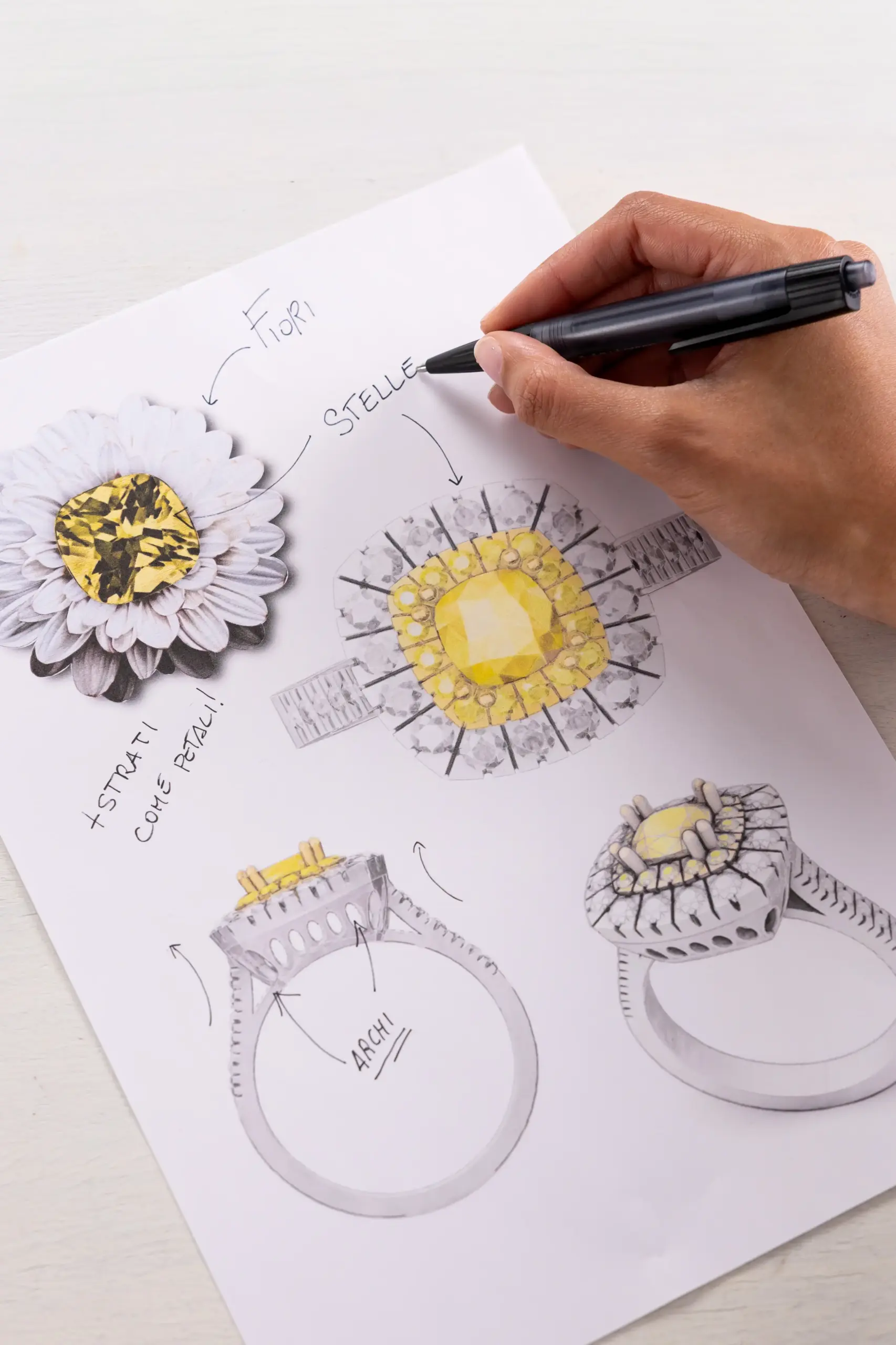 Disegno e progettazione di un anello artigianale con diamante giallo e dettagli strutturali